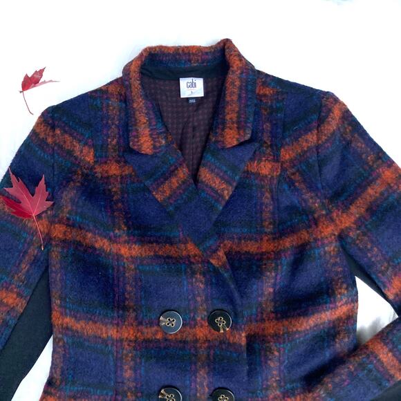 Cabi Plaid City Coat in Navy & Rust | Double-Breasted Fall Statement Jacket Edit - Picture 6 of 16